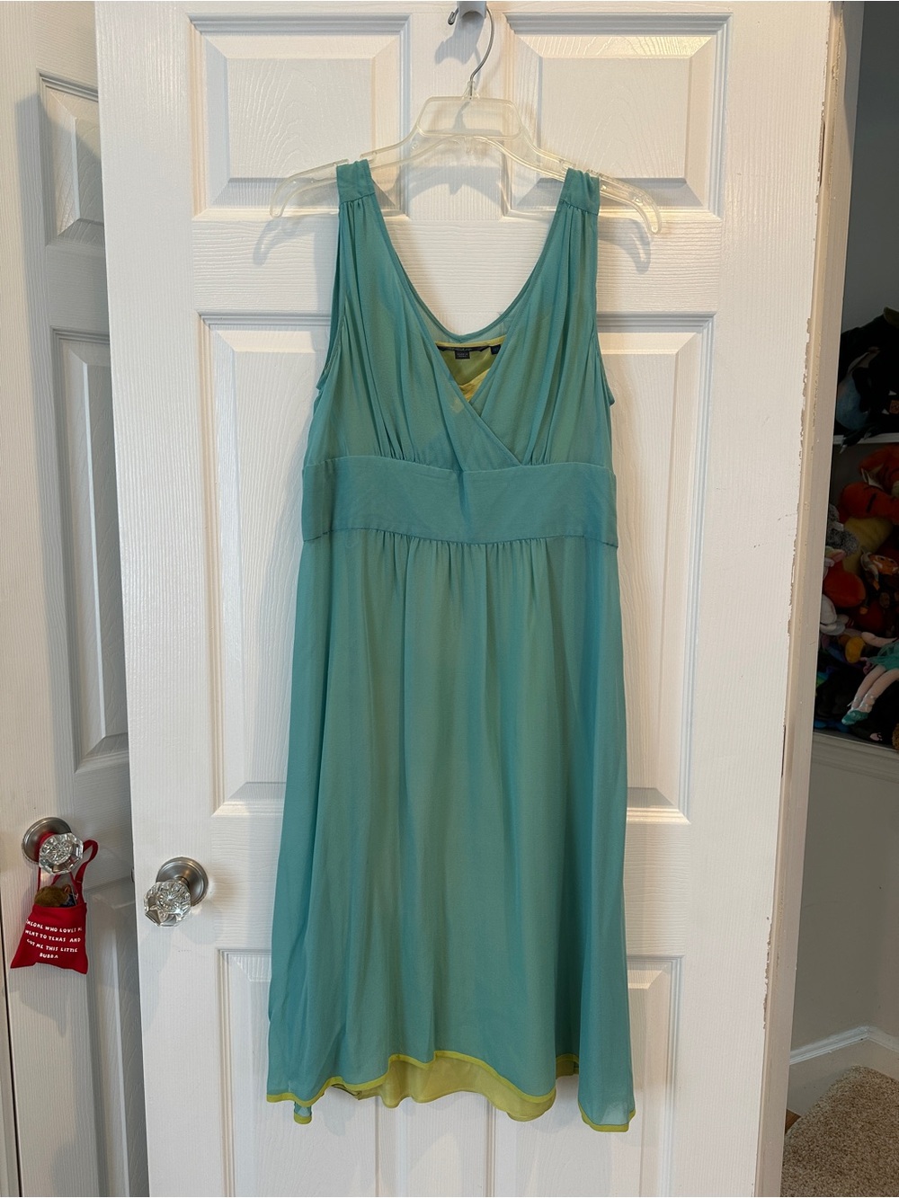 Boden Duck Egg Greenish-Blue Sleeveless Dress w Lime Hem 12 American